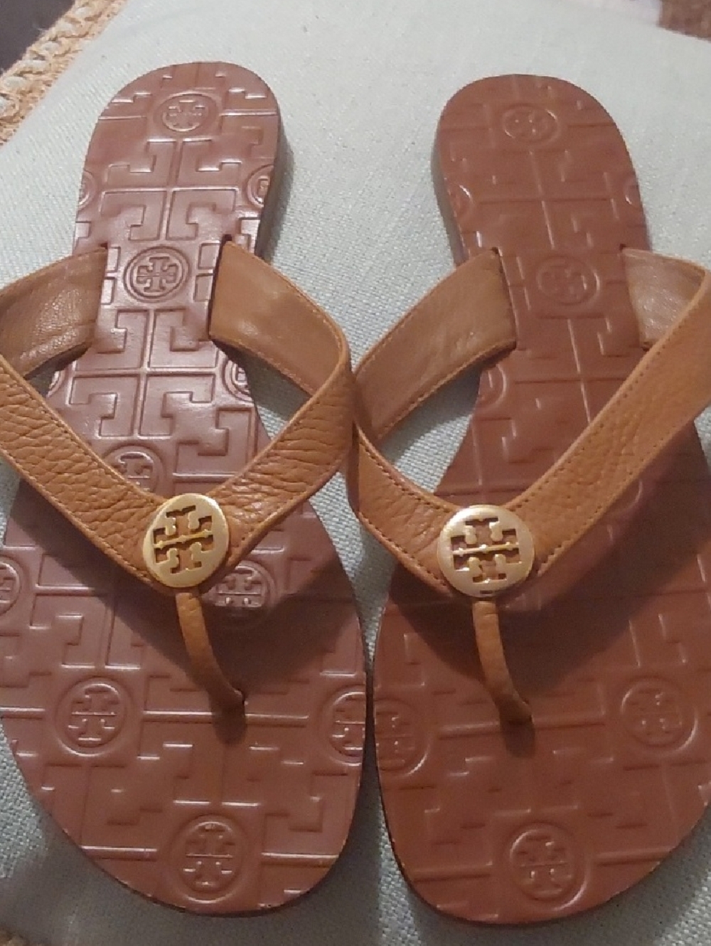 Tory Burch Tan Leather Logo Thong Sandals with Gold Medallions